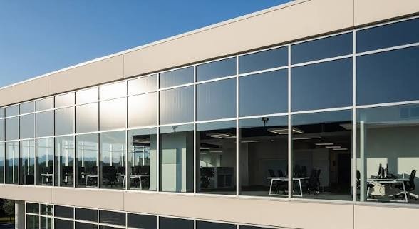 Commercial office building with tinted curtain-wall glass